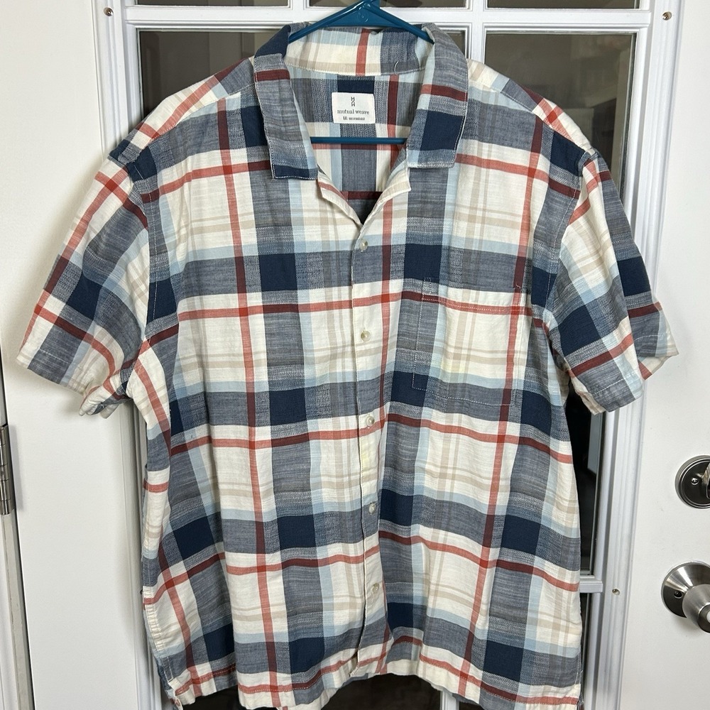 Mutual Weave Men's Plaid Short Sleeve Button Down Shirt XXL Navy Red Plaid